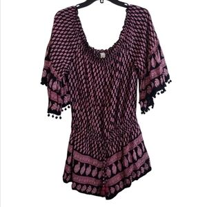 Raga Kassie Boho Floral Pink Black Off The Shoulder Pom Pom Romper Size Medium
